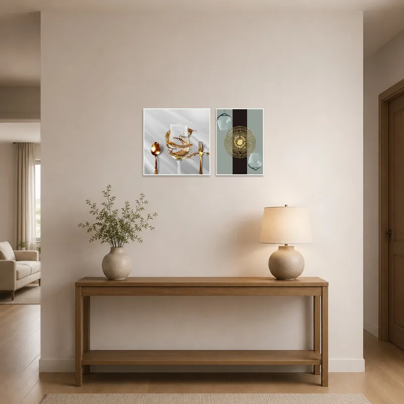 Entrance hall featuring culinary art set, introducing a chic welcome.