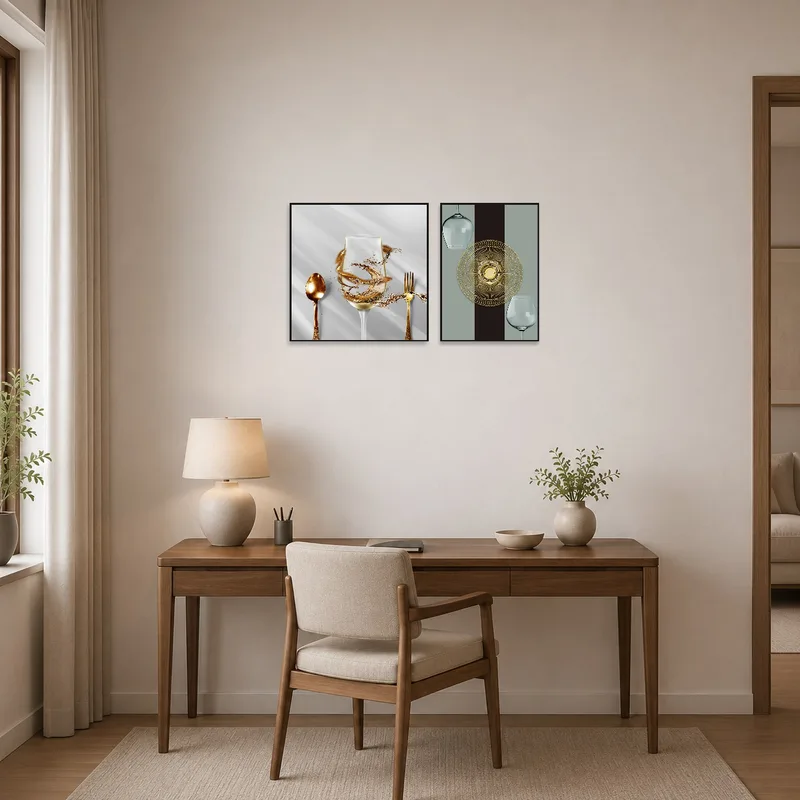 Home office accentuated with sophisticated glass and gold culinary art.