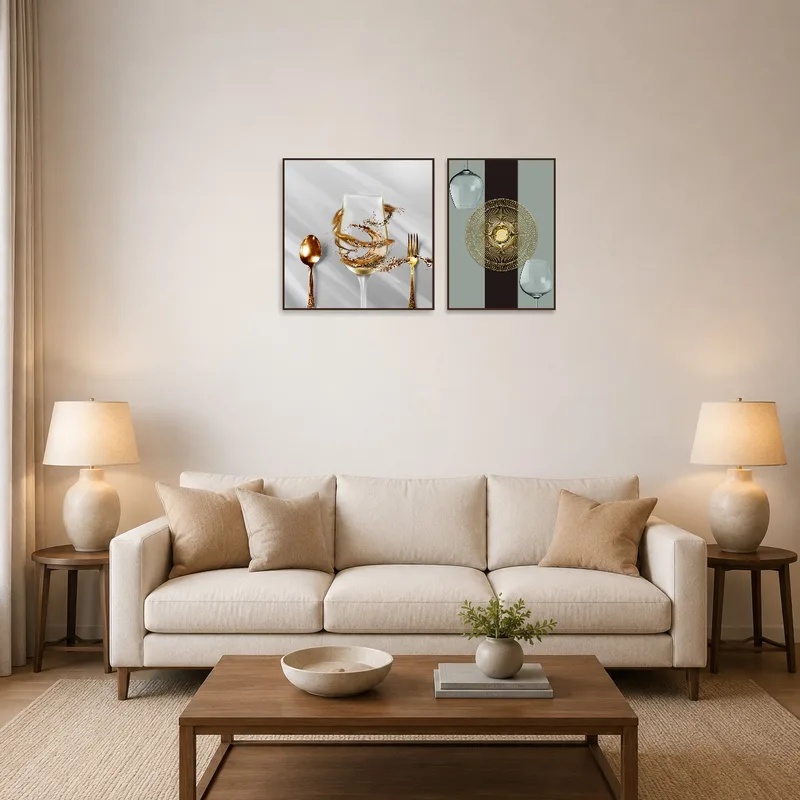 Glass and gold art set on a living room wall, adding a touch of sophistication.