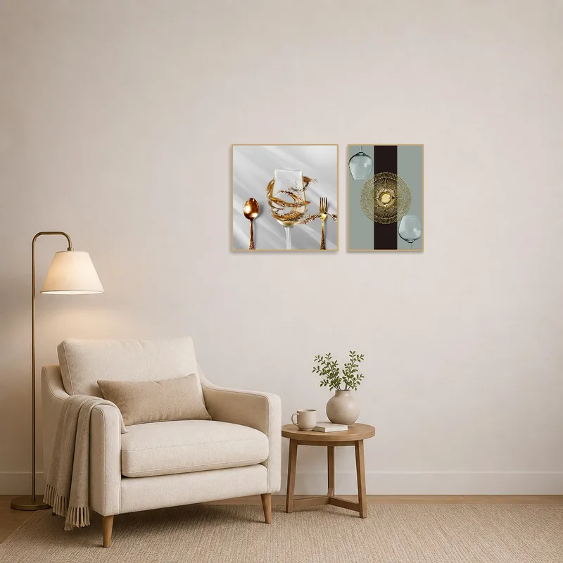 Reading corner adorned with elegant glass and gold culinary set.