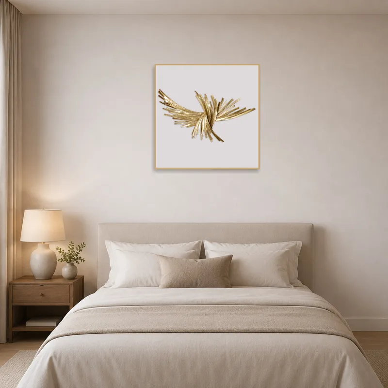 In the bedroom, the Elegant Gold Abstract Square Art Print adds warmth and style.