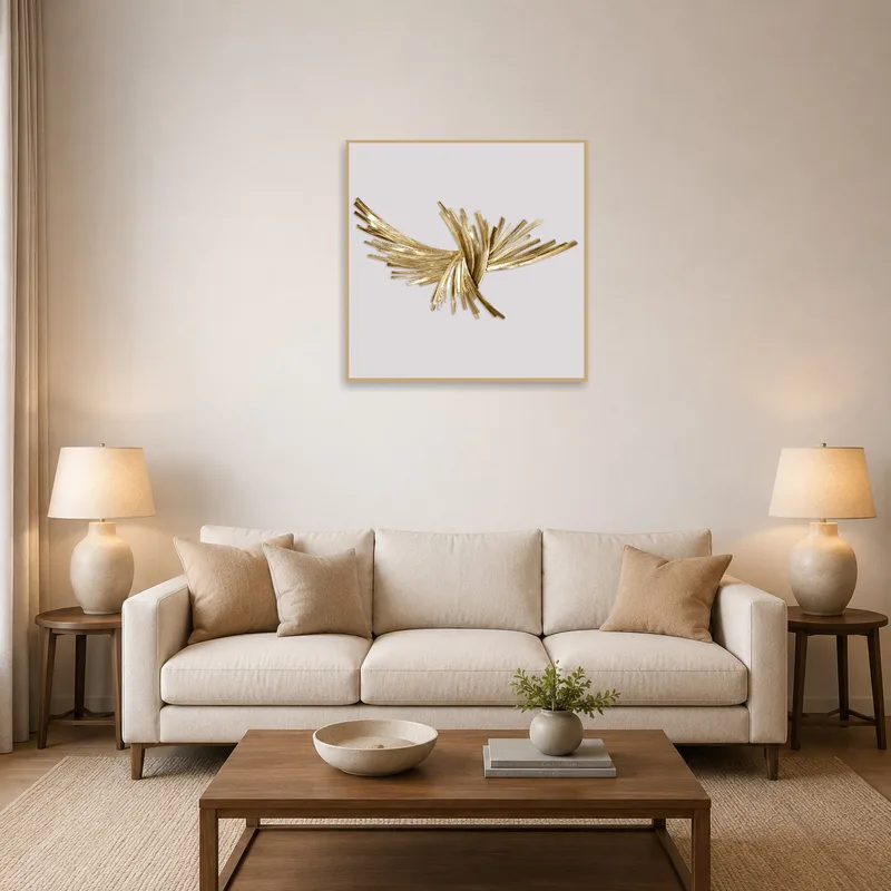 The living room features an Elegant Gold Abstract Square Art Print above the sofa.