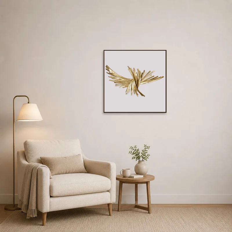 The reading corner is enhanced by the Elegant Gold Abstract Square Art Print on the wall.
