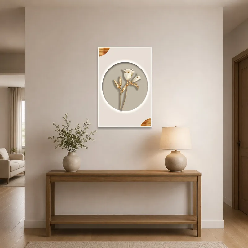 Gold and beige floral art print adorning an entrance hall, welcoming guests.