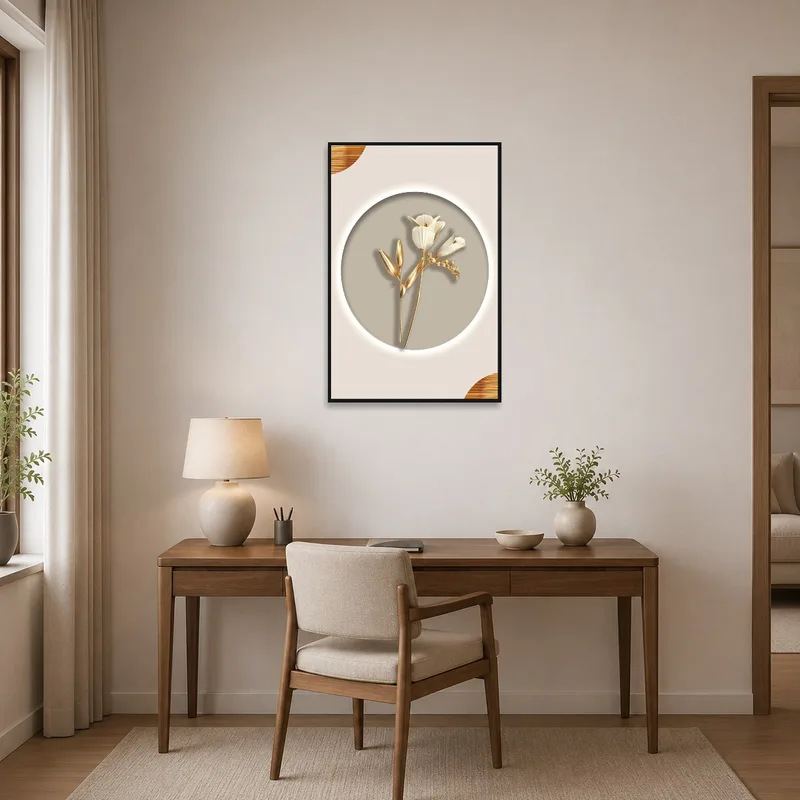 Stylish floral art print in gold and beige sprucing up a home office wall.