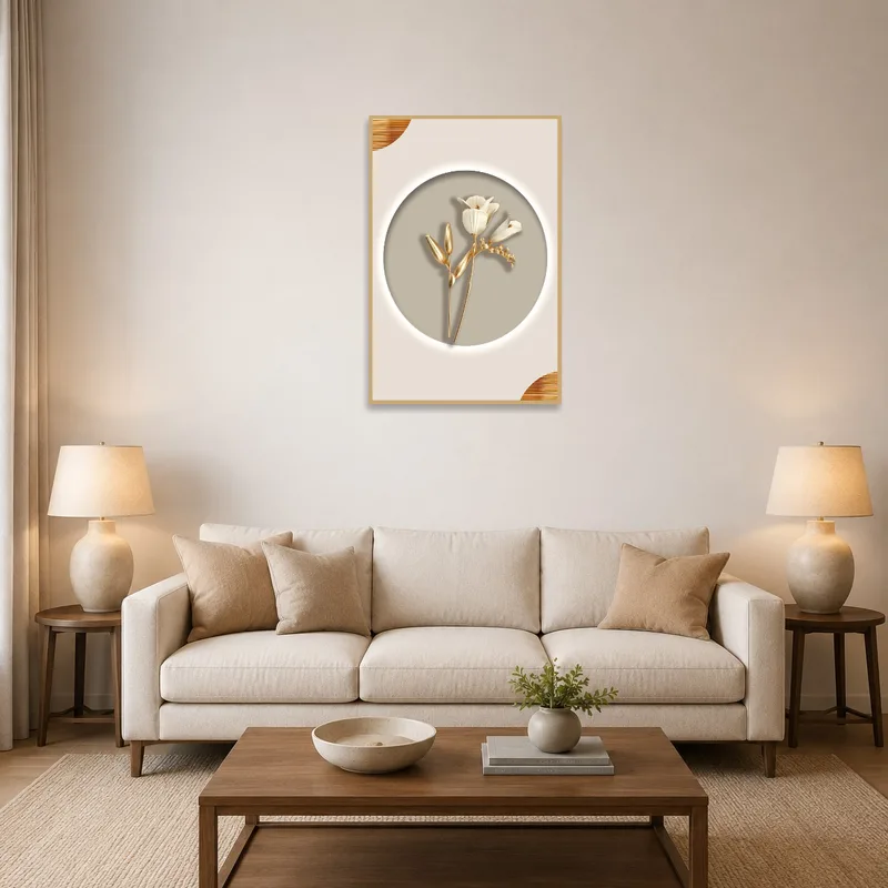 Elegant gold and beige floral art print on a living room wall behind a modern sofa.