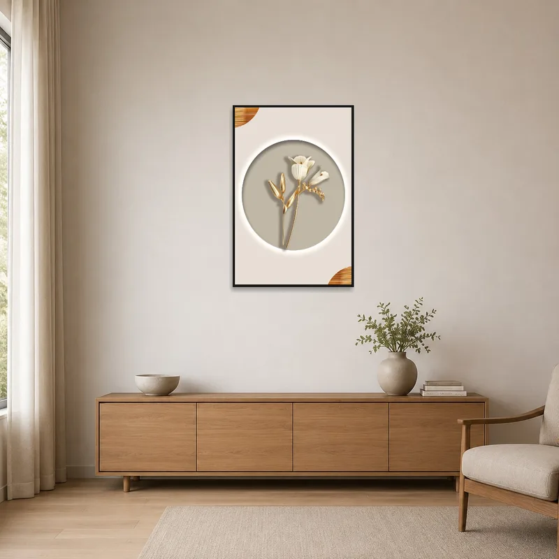 Gold and beige floral painting in a minimalist room with simple furniture and clean lines.