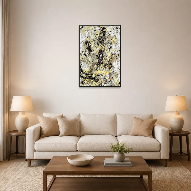 Elegant gold and black abstract art print above a modern sofa in the living room.