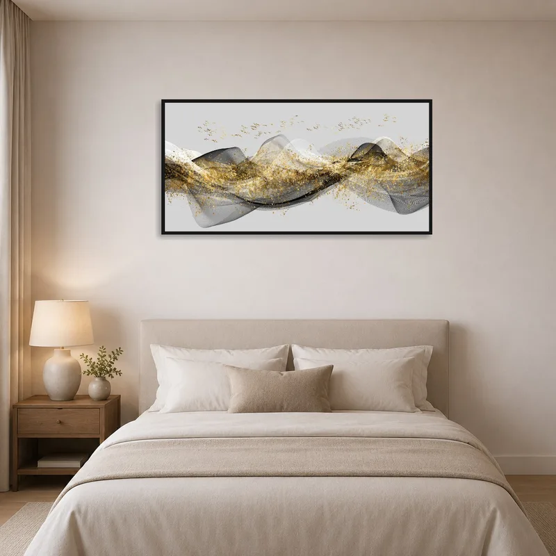 Bedroom with calming wave art blending gold and black tones over the bed.