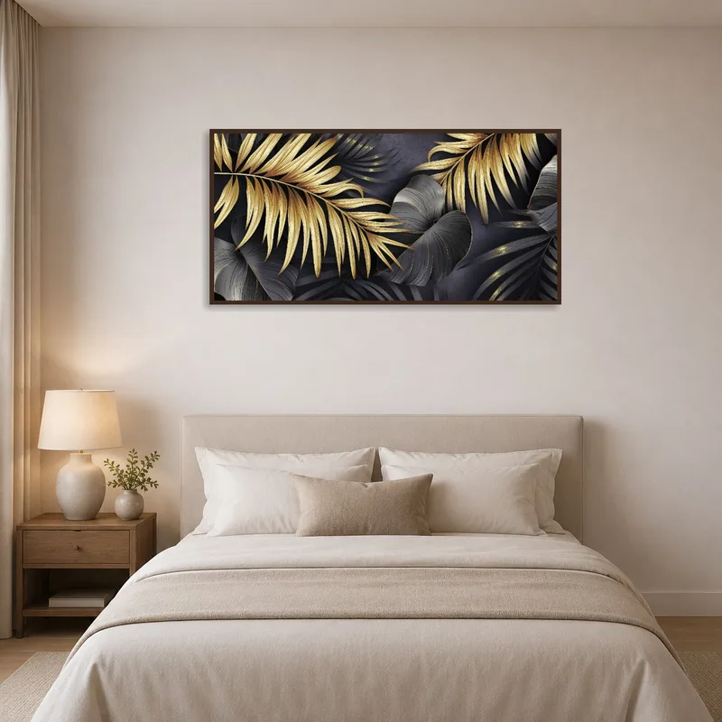 Stylish gold and black botanical art piece adding an elegant touch to a serene bedroom environment.
