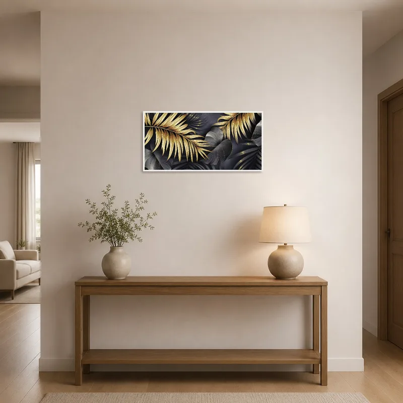 Elegant gold and black artwork enhancing the aesthetic of a welcoming entrance hall.