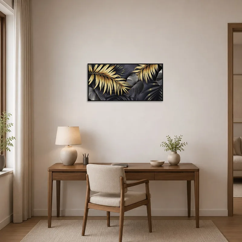 Refined gold and black botanical art contributing to a productive home office ambiance.