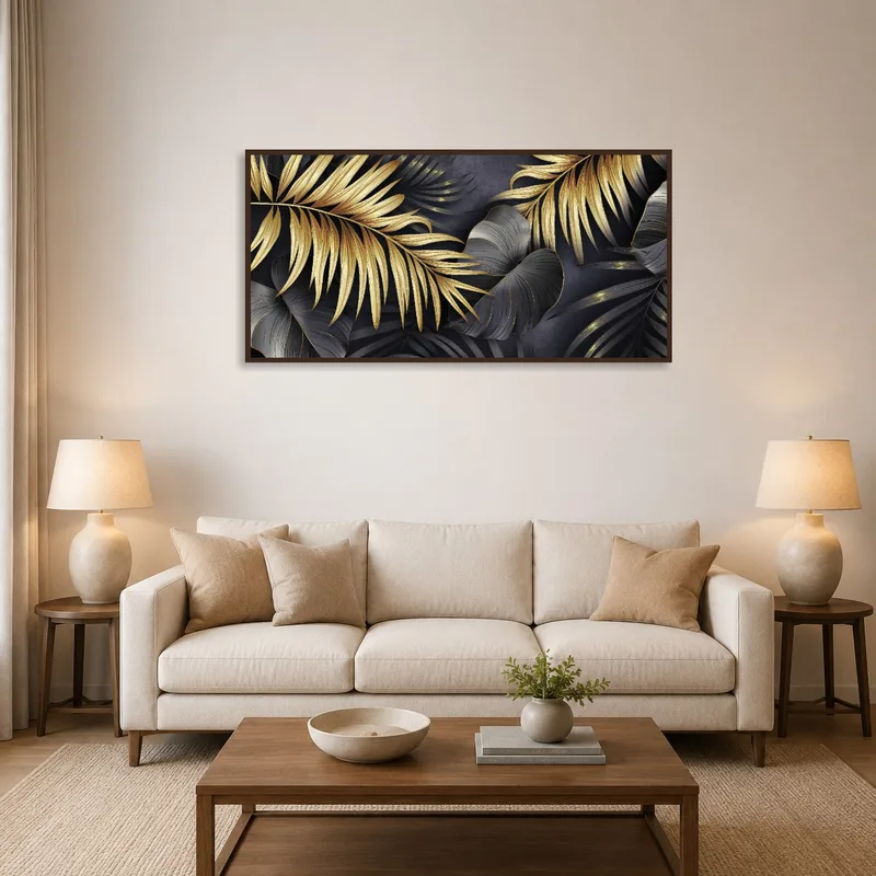 A sophisticated botanical art piece in gold and black enlivening a living room setting.