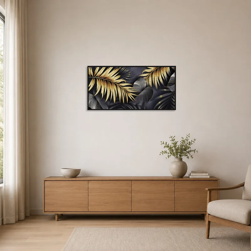 Black and gold botanical art complementing a minimalistic room with clean lines and sparse decor.