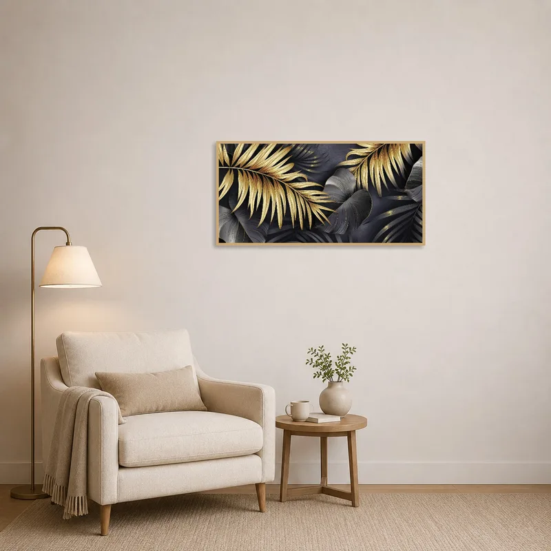 Botanical canvas art in gold and black providing a calming presence in a cozy reading corner.