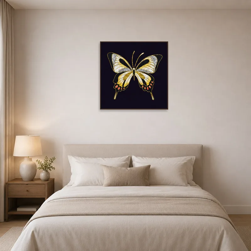 A tranquil bedroom setting with a gold and black butterfly print above the bed.