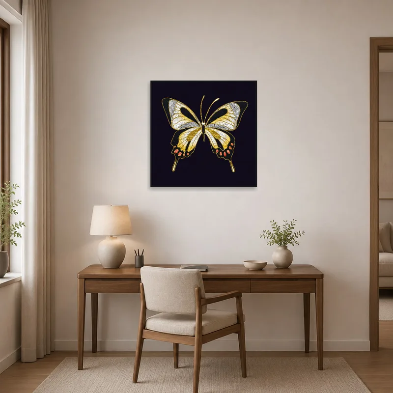 An inspiring home office with a gold and black butterfly print displayed on the wall.
