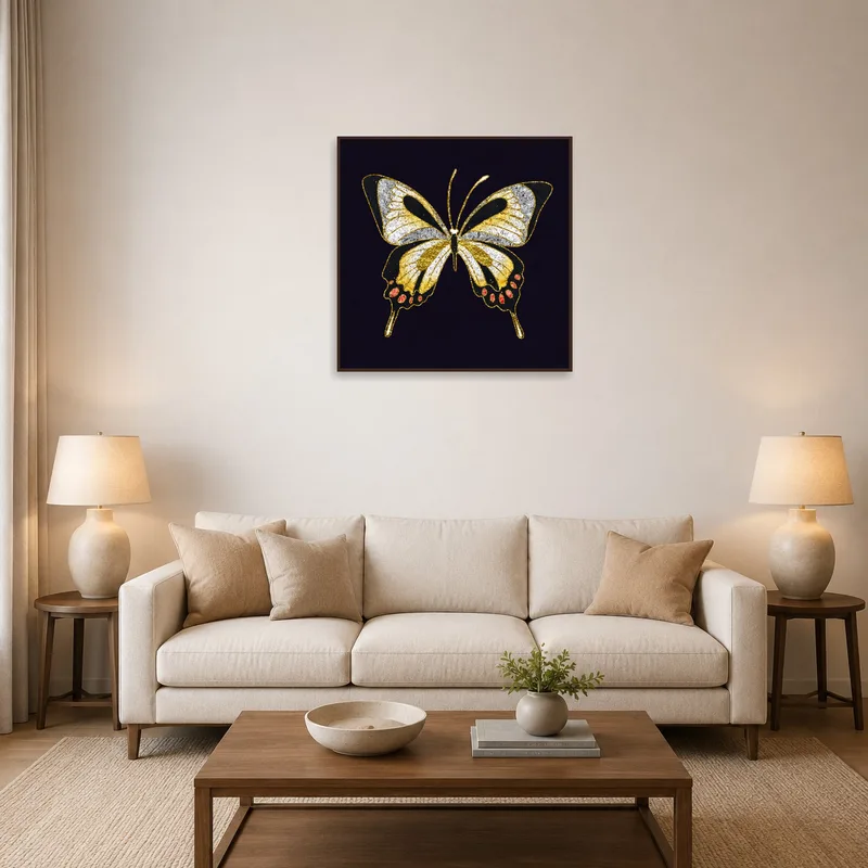 A gold and black butterfly print adorns the wall of a cozy living room.