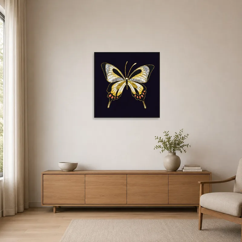 A sleek minimalist setting with a gold and black butterfly print as a focal point.