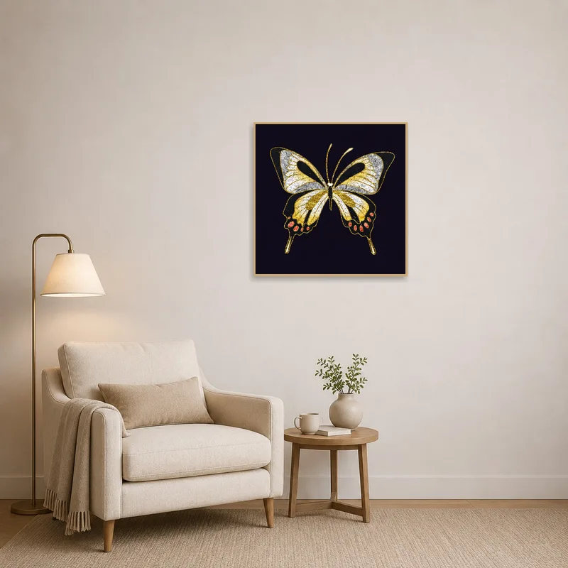 A calming reading corner features a gold and black butterfly print on the wall.