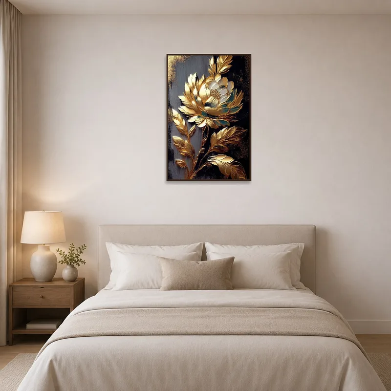 Gold and black floral print adds elegance above a bed in a serene bedroom.