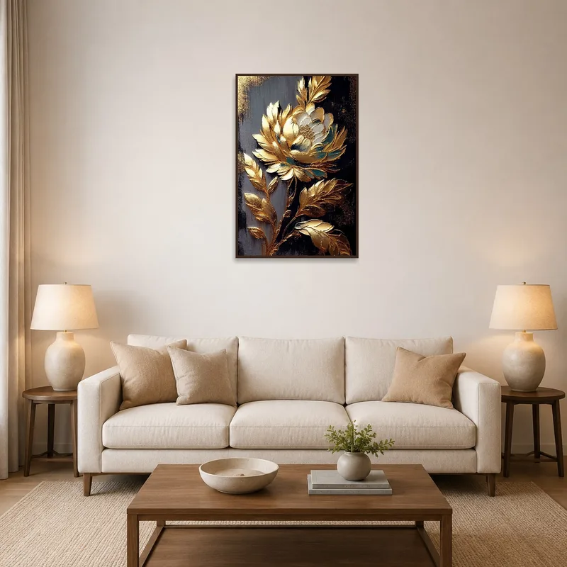 Gold and black floral art print above a modern living room sofa.