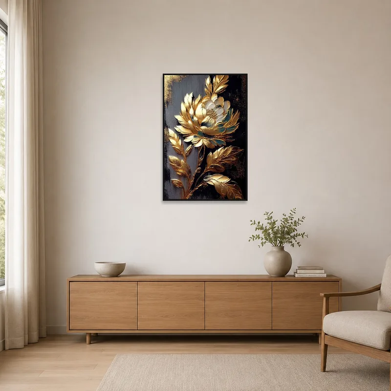 Simple, clean space with gold and black floral art on a white wall.