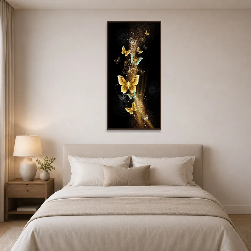 Serene butterfly artwork bringing elegance to a bedroom wall.