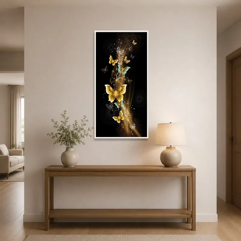 Vibrant butterfly artwork greeting guests in an entrance hall.