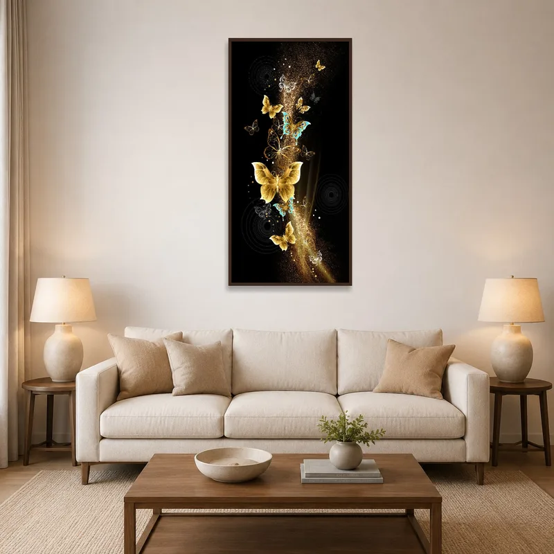 Elegant gold and blue butterfly artwork adding charm above a couch in a living room.