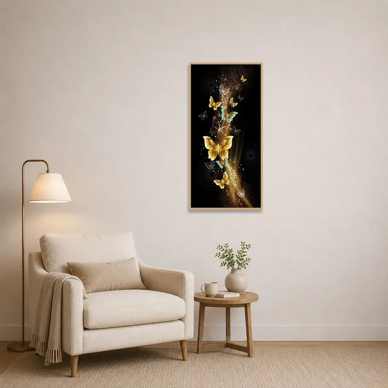 Gold and blue butterflies creating a soothing atmosphere in a cozy reading corner.
