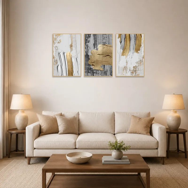 Gold and gray abstract triptych set above a modern living room sofa.