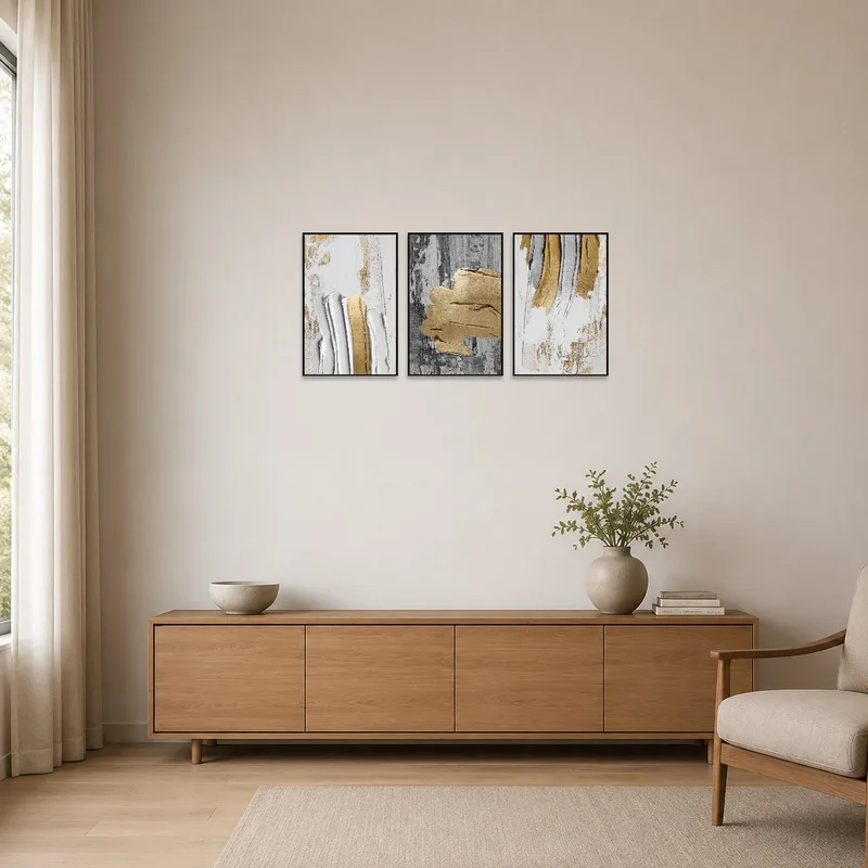 Triptych set in a minimalist room with simple furnishings.