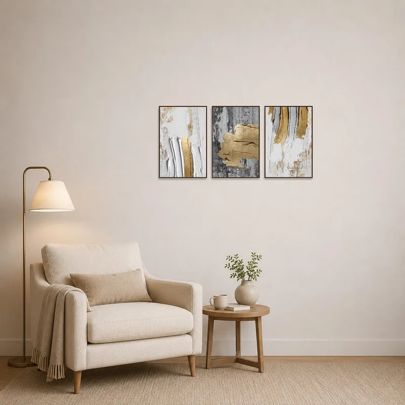 Abstract triptych set adds flair to a cozy reading corner.