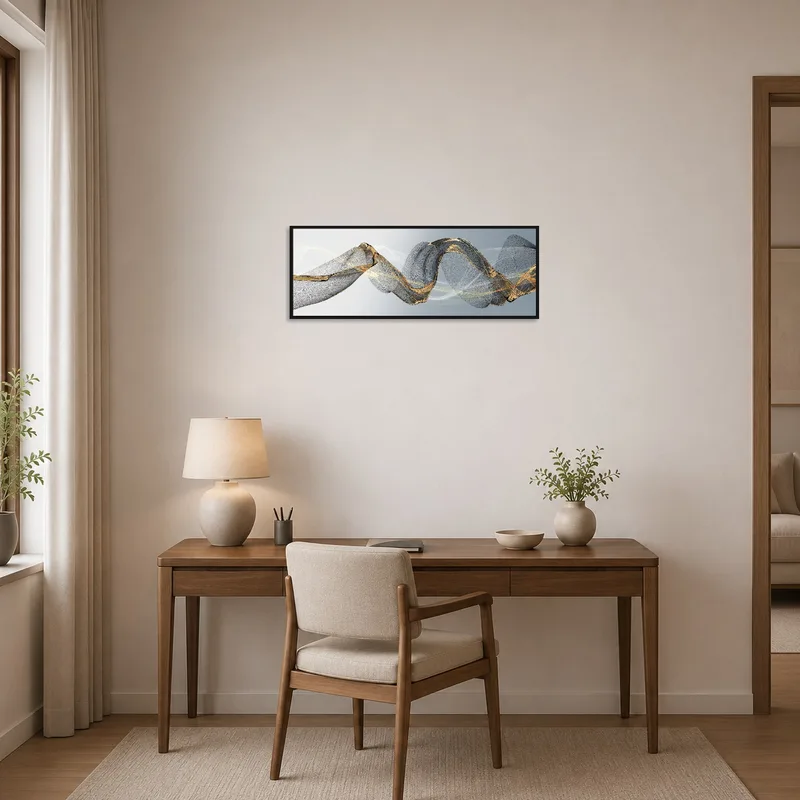 Home office with a stylish gold and grey abstract wave design piece.