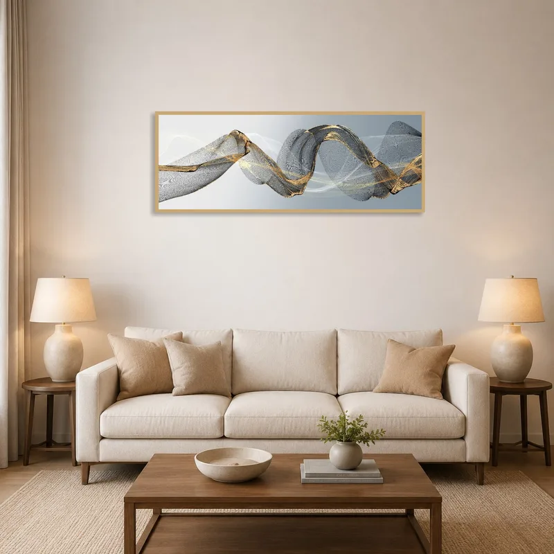 Elegant gold and grey abstract wave art in a modern living room setting.
