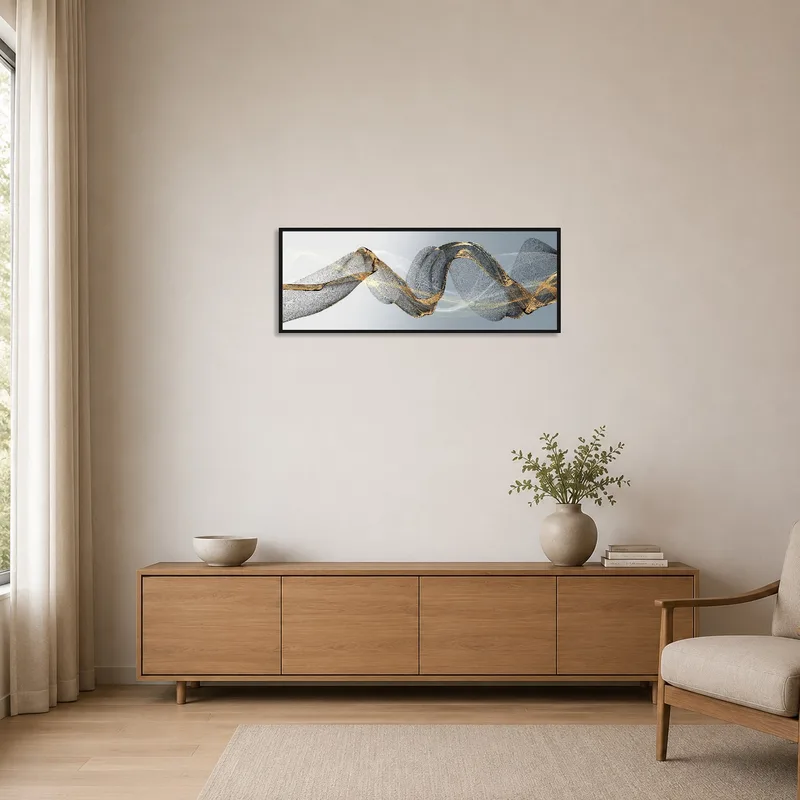 Minimalist room featuring an abstract wave design in gold and grey tones.