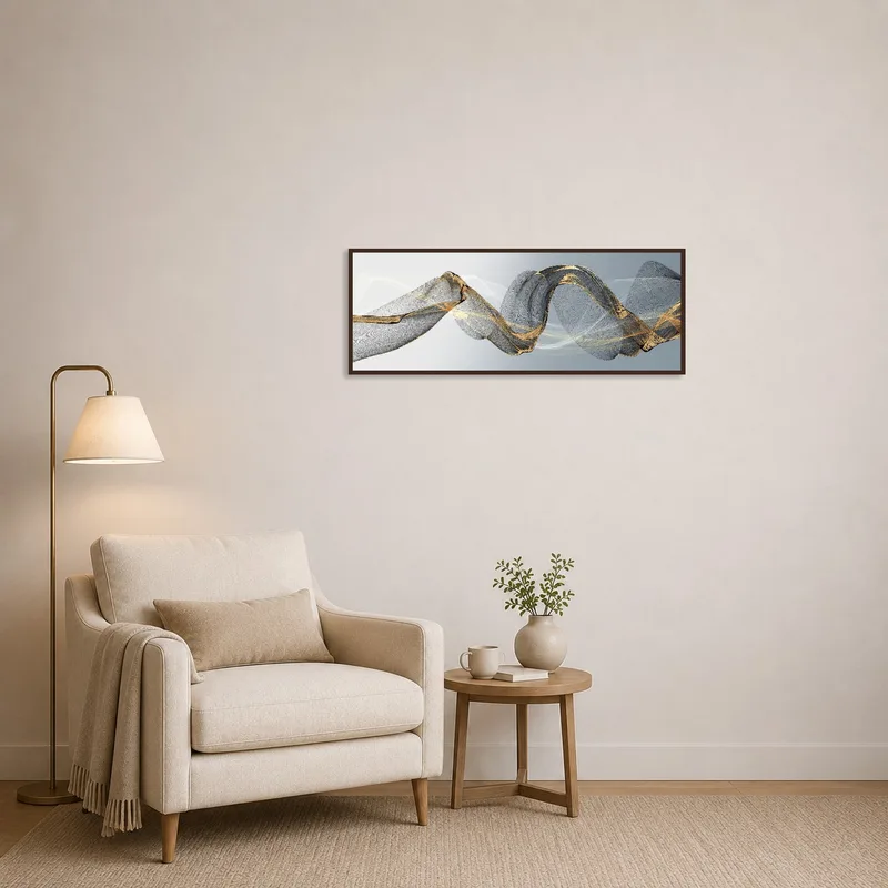 Abstract wave design in gold and grey enhances a cozy reading corner.