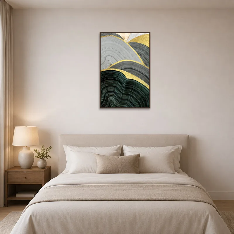 Elegant gold and grey abstract waves bringing serenity to a peaceful bedroom.