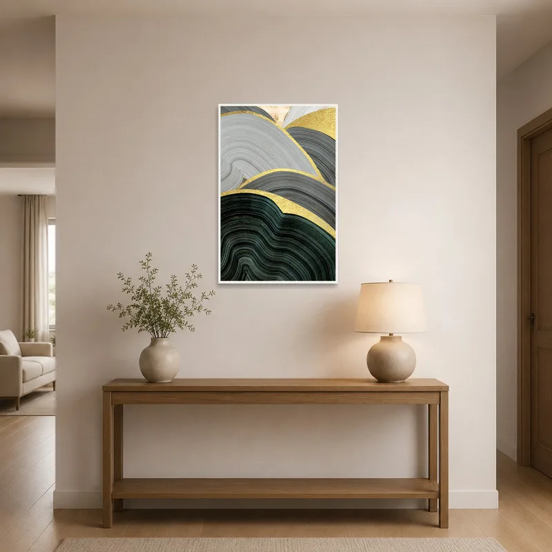 Elegant gold and grey abstract waves greeting guests in the entrance hall.