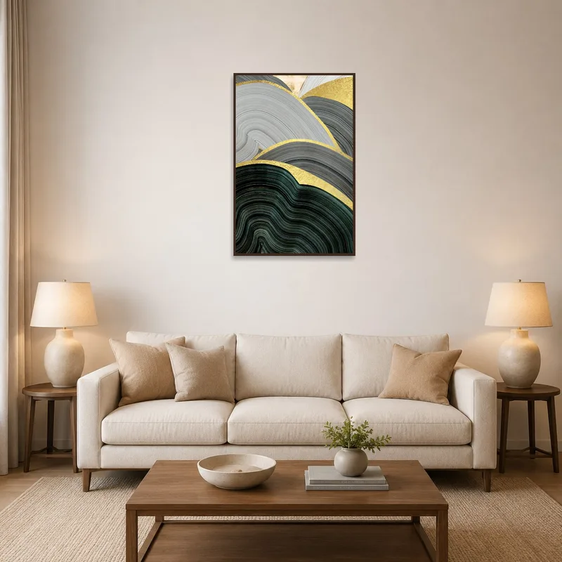 Elegant gold and grey abstract waves hanging above a modern living room sofa.