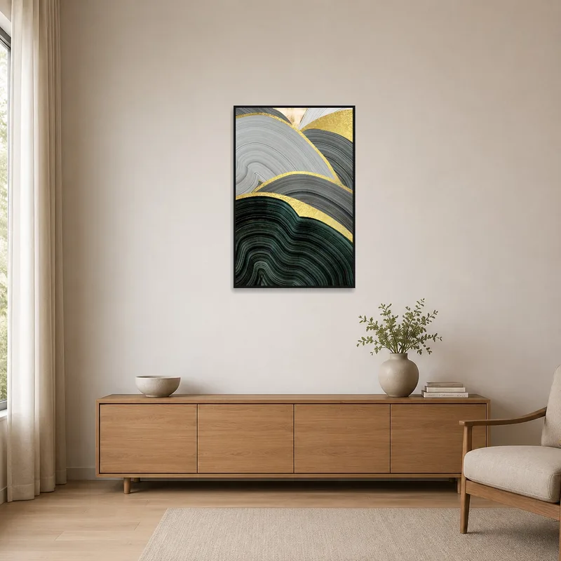 Elegant gold and grey abstract waves adding a touch of class to a minimalist space.