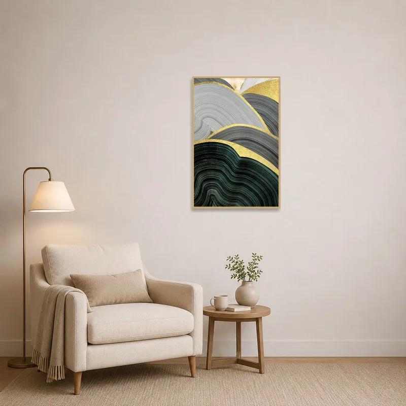 Elegant gold and grey abstract waves enhancing a cozy reading corner.