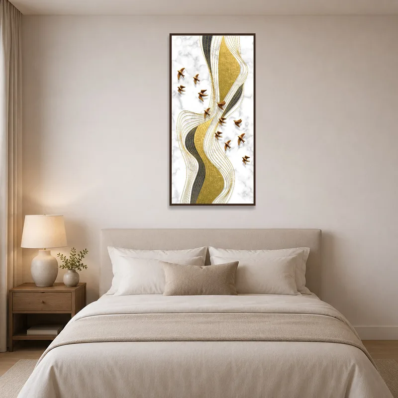 Bedroom wall enhanced by a gold and marble themed abstract art piece.
