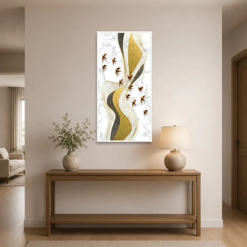 Entrance hall adorned with an elegant gold and marble abstract design.