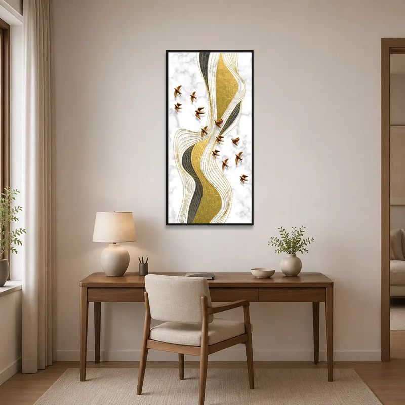 Home office wall with an elegant gold and marble abstract artwork.