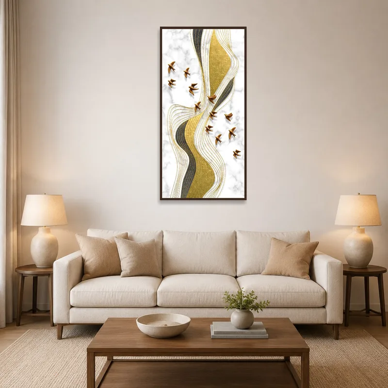 Gold and marble abstract art on a living room wall with modern furniture.