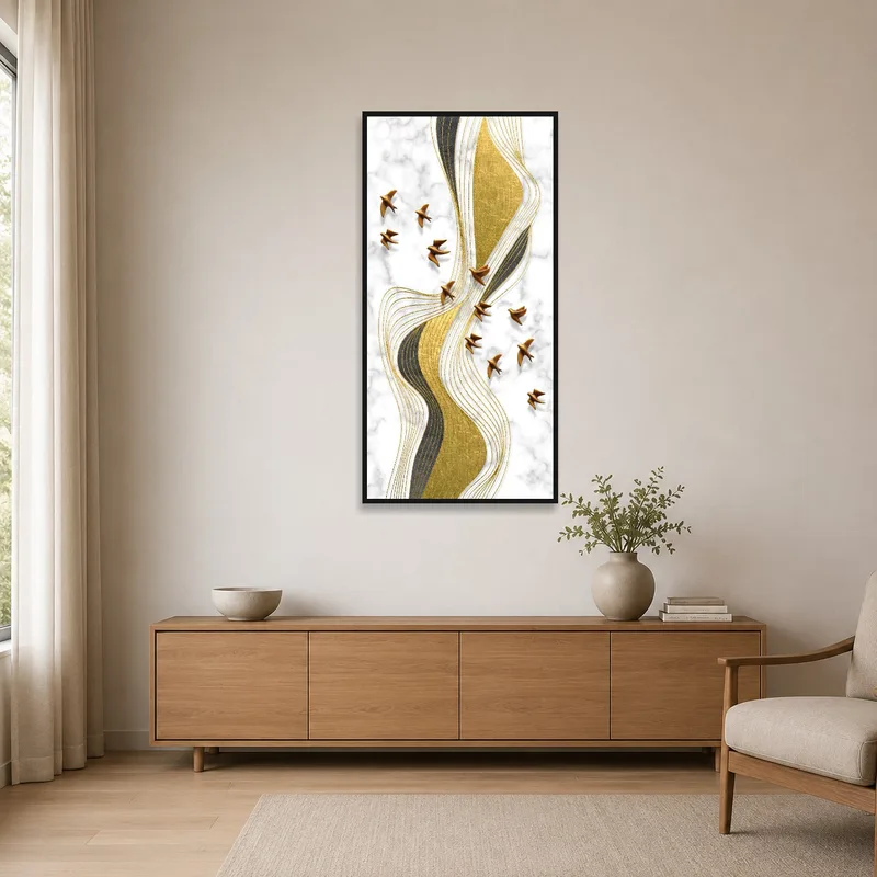 Minimalist room featuring a gold and marble abstract piece on a sleek wall.