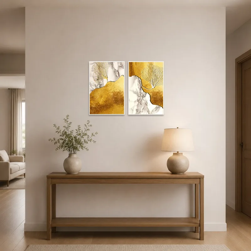 Abstract art set adding elegance to an entrance hall.