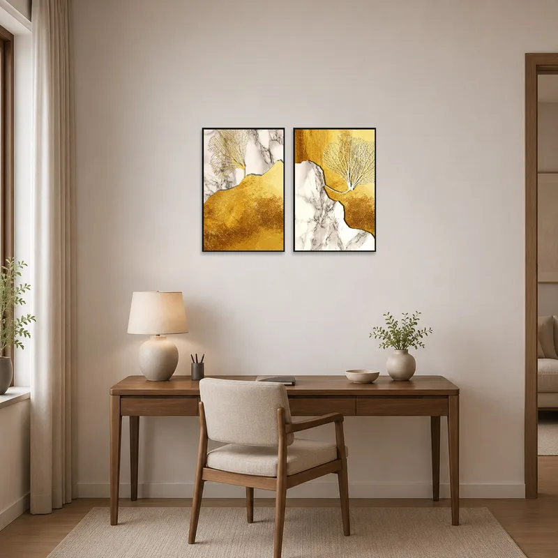Gold and marble abstract art set in a home office setting.